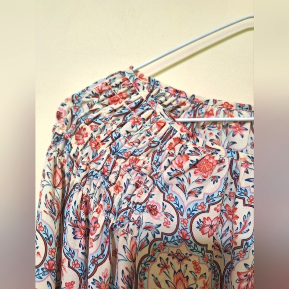 Joie Medium baroque boho floral cream pink blue balloon sleeve smocked blouse - Picture 3 of 9